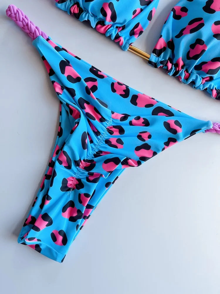 Sexy Swimsuit Braided Rope Micro Bikini Swimsuit Leopard Print Brazilian Beach Bathing Suit
