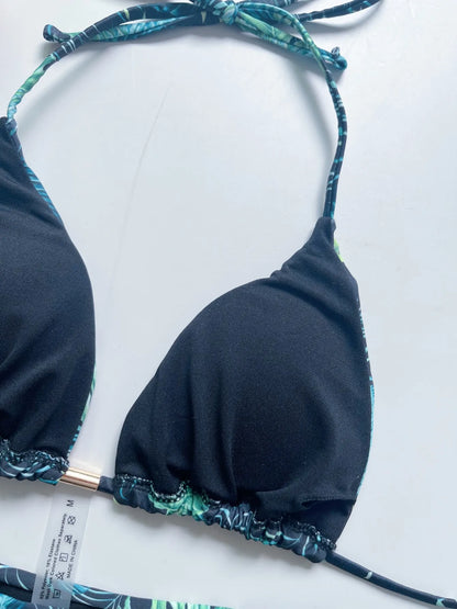 Sexy Irregular Print Bandage Bikini Swimsuit Triangle Halter Swimwear Bathing Suit Brazilian