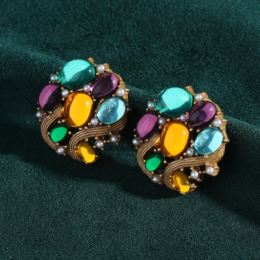 Vintage Colorful Stone Glass Grape Round Gothic Antique Luxury Designer Stud Crystal Earrings