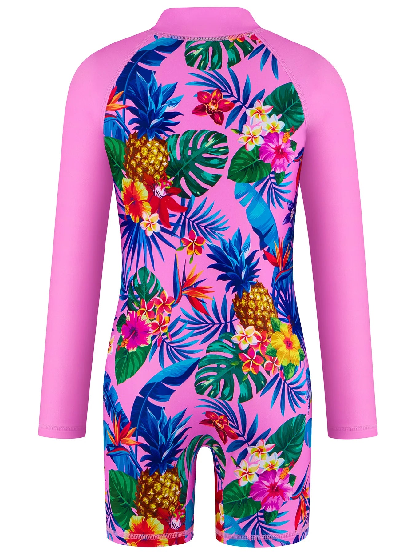 One-Piece Kids Girl Long-Sleeved Pink Plants Print Zipper Boyleg Shorts Swimming Swim Romper