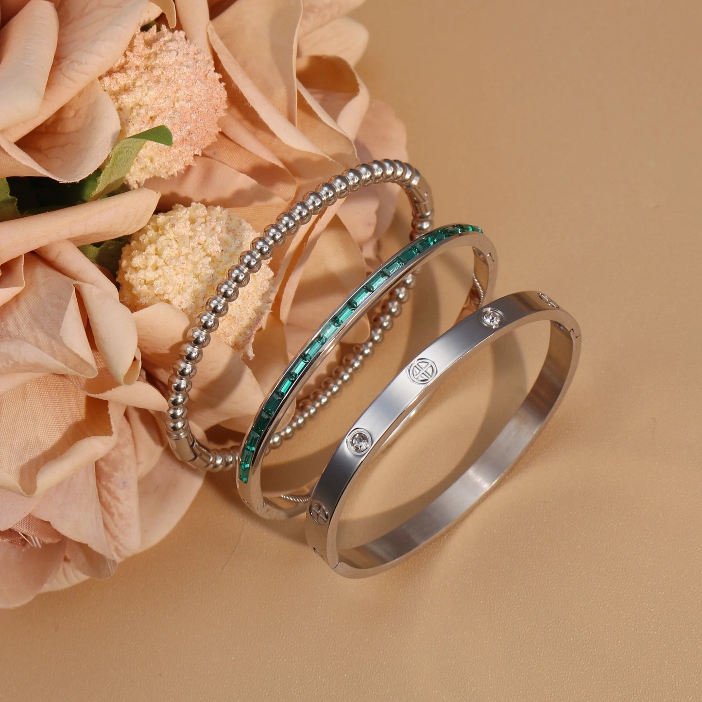 Women 18k Gold Plated Stainless Steel Green Zircon Bangles Bracelet Set Gift.