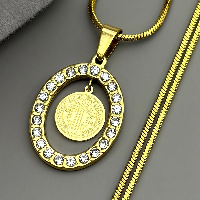 Women Men Catholic Saint Benedict Snake Stainless Steel Rhinestone Gold Color Medal Chain Necklace