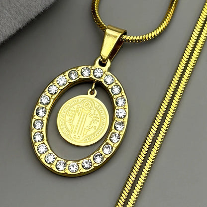 Women Men Catholic Saint Benedict Snake Stainless Steel Rhinestone Gold Color Medal Chain Necklace