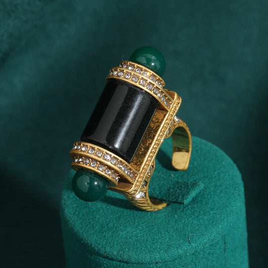 Women Vintage Antique Gold Color Oval Crystal Emerald Round Natural Stone Rings