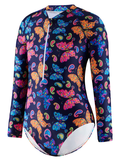 Kids Girls Long Sleeve Colorful Butterfly Print One Piece Zipper Beach Bikini-Cut Bottom Bathing Suit