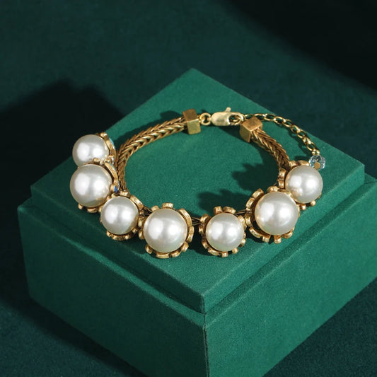 Women Vintage Natural Freshwater Pearl Wedding Designer Charms Gold Color Antique Bracelet