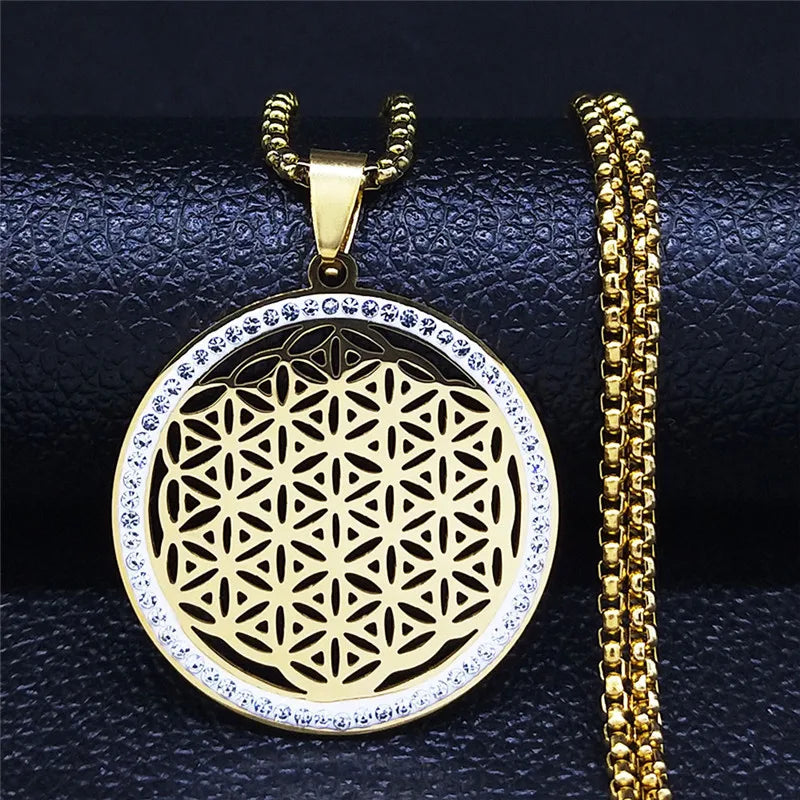 Women Metatron Sacred Geometry Symbol Flower of Life Stainless Steel Crystal Pendant Necklace