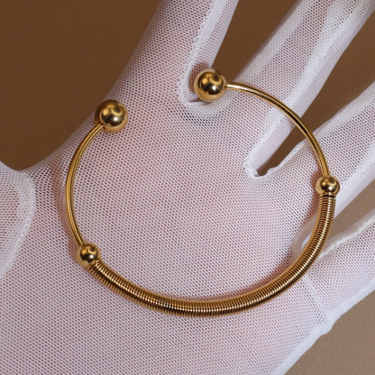 Women 18K Gold-Plated Stainless Steel Bead Open Bracelet Clasp Design Bangles Jewelry