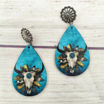 Women Western Turquoise Bull Skull Teardrop Wood Prints Earrings