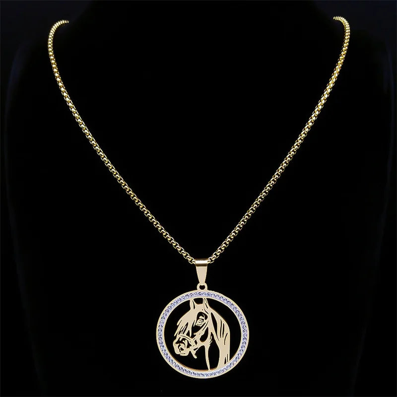 Men Women Stainless Steel Crystal Animal Chain Horse Head Pendant Necklace