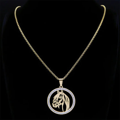 Men Women Stainless Steel Crystal Animal Chain Horse Head Pendant Necklace