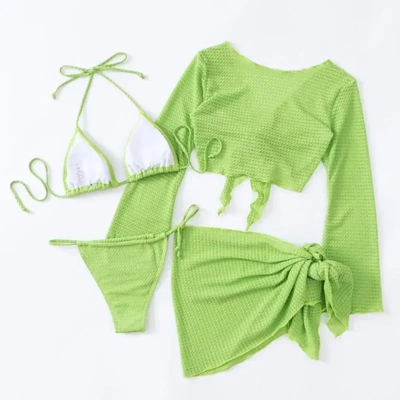 4pcs Women Green Swimwear Brazilian Swimsuit Skirt & Long Sleeve Top Bathing Triangle Bikini