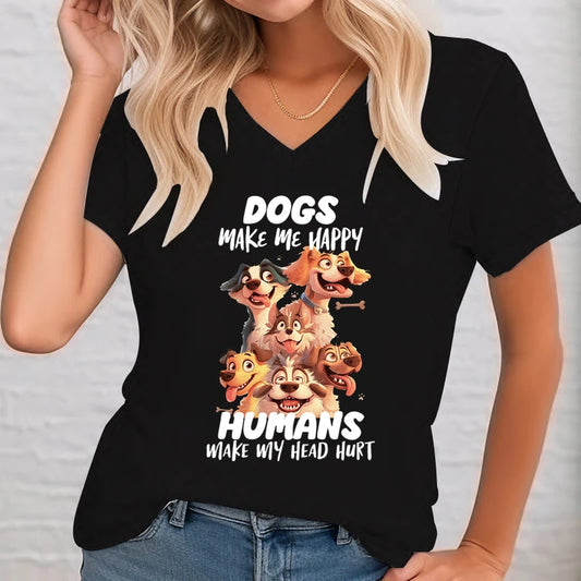 Dogs Make Me Happy Print Women Tee Tops T-Shirt