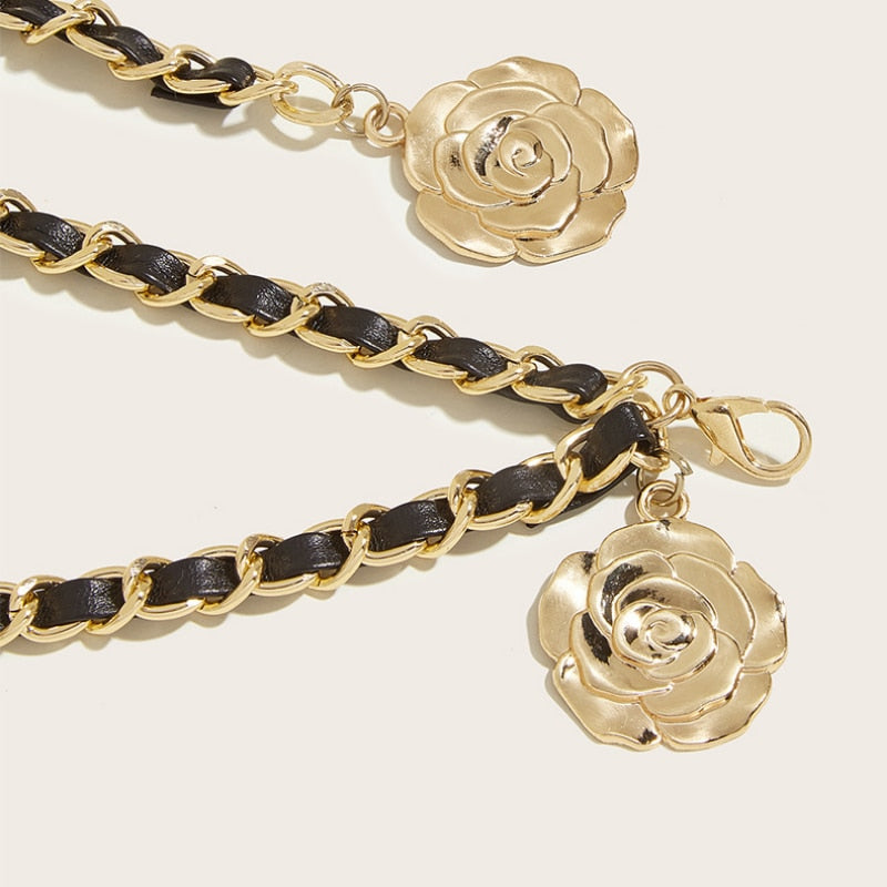 Women Gold Color Multilayer Chunky Metal High Tassel Waist Belly Flower Chain Belt