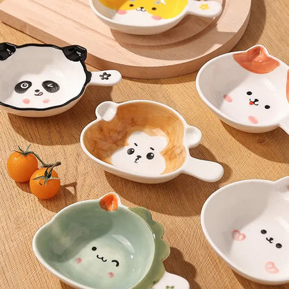 Ceramics Snack Cartoon Animals Saucer Dipping Sauce Dish Handle Dinner Plate Pot