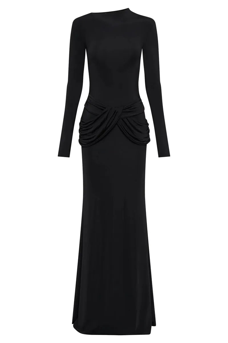 Women Diagonal Collar Long Sleeve Maxi Solid High Waist Ruched Bodycon Long Dress