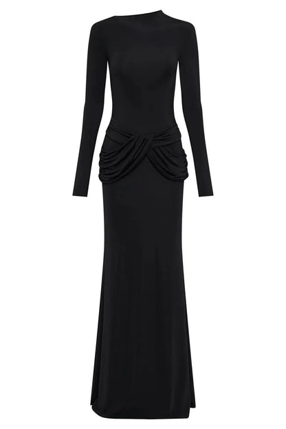 Women Diagonal Collar Long Sleeve Maxi Solid High Waist Ruched Bodycon Long Dress