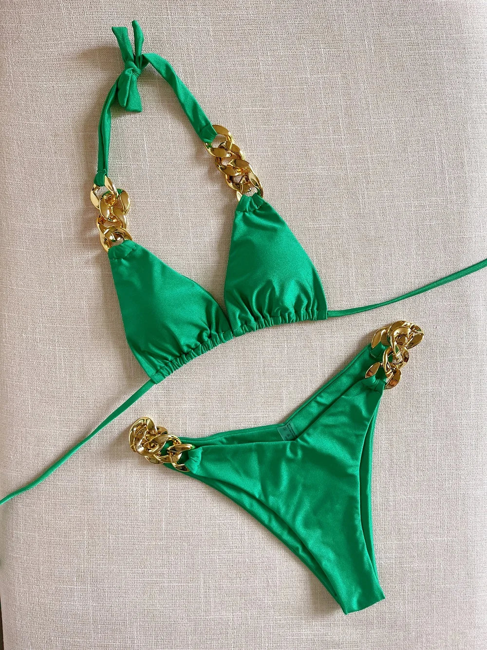 Sexy Triangle Solid Color Chain Decor Split Bikini Beachwear Brazilian Swimwear Bathing Suit