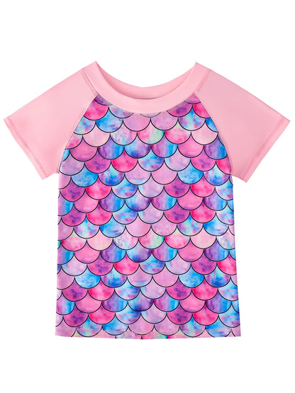 2pcs Kids Girls Short Sleeve Tops Swim Shorts Scale Print Patchwork Beach Bathing Swimwear