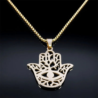 Hollow Fatima Hamsa Stainless Steel Gold Color Luck Hand Palm Blue Turkey Eye Pendants Necklace