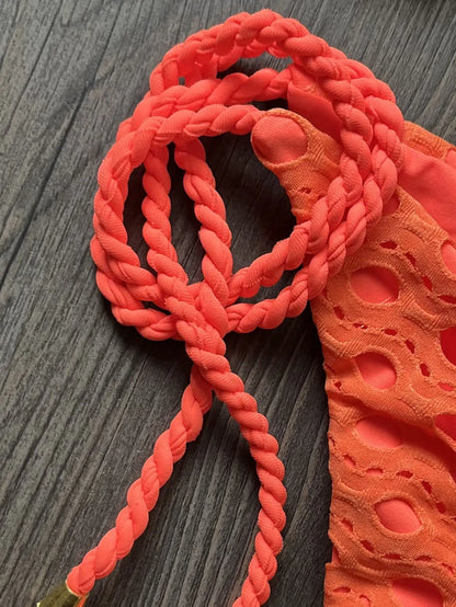Sexy Split Swimsuit Bikini Hollow Fabric Solid Color Bikini Beach Bathing Suit