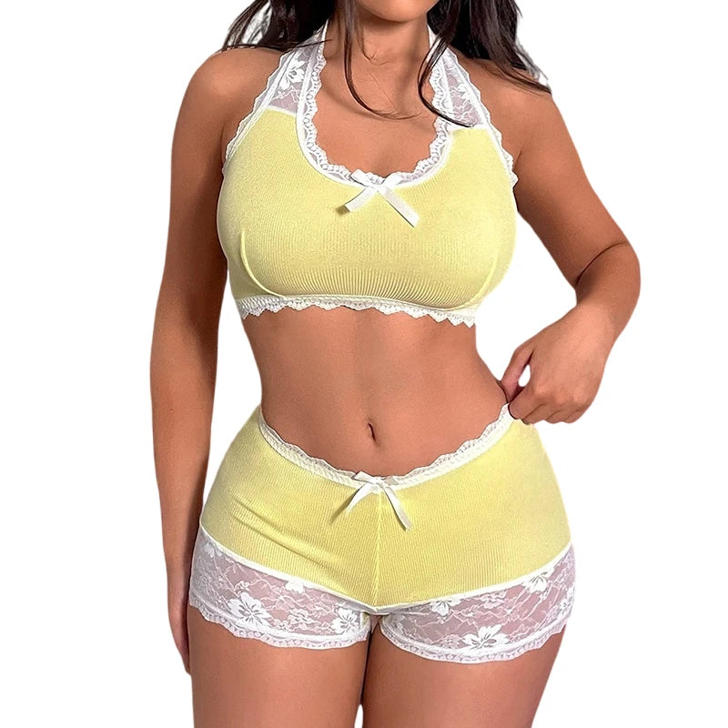 2pcs Women Lace Trim Tops Short Panties Underwear Set