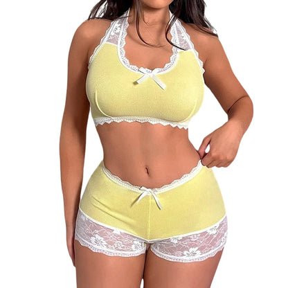 2pcs Women Lace Trim Tops Short Panties Underwear Set