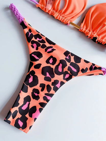 Sexy Women Braided Rope Micro Bikini Swimsuit Leopard Print Brazilian Bathing Suit