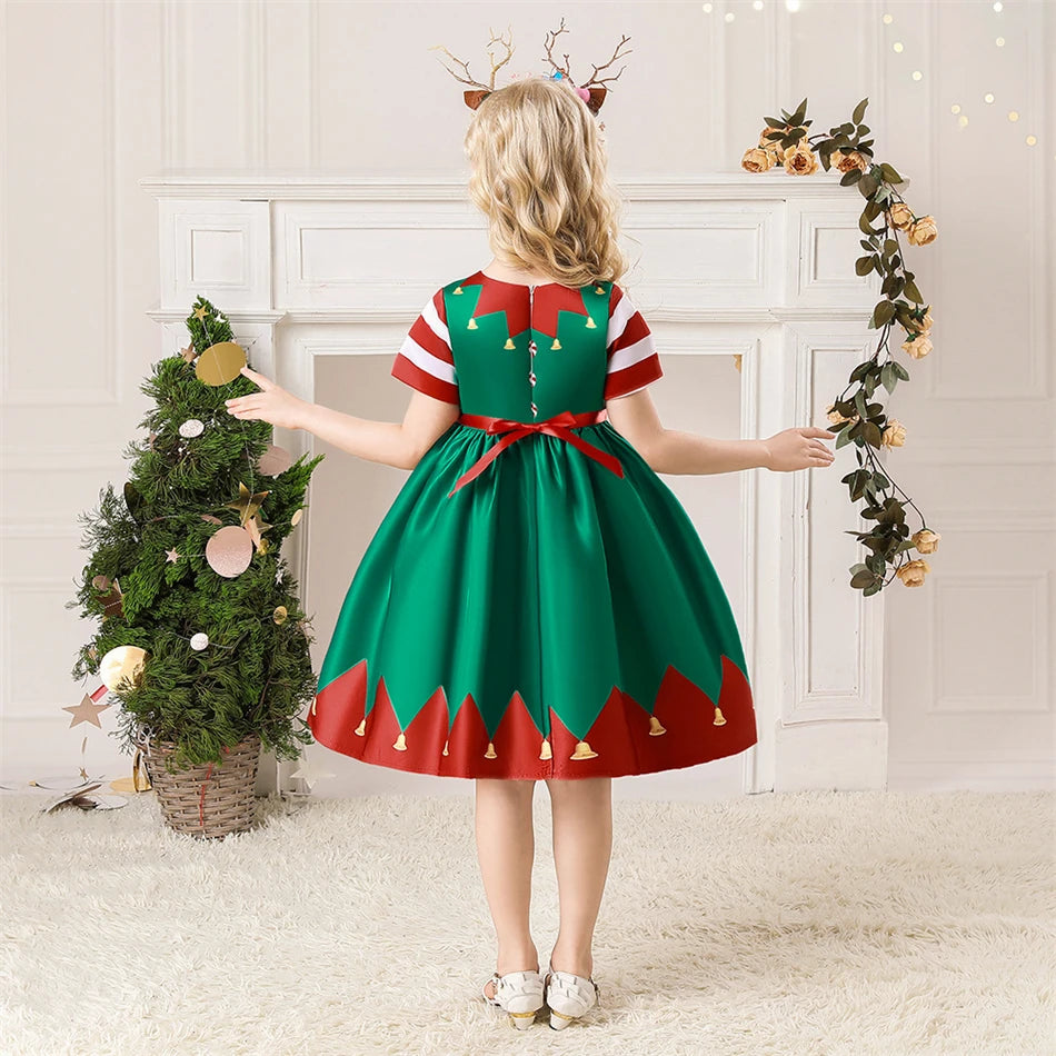 Girls Kids New Year Party Santa Claus Snowman Print Cosplay Costume Xmas Princess Theme Party Dress