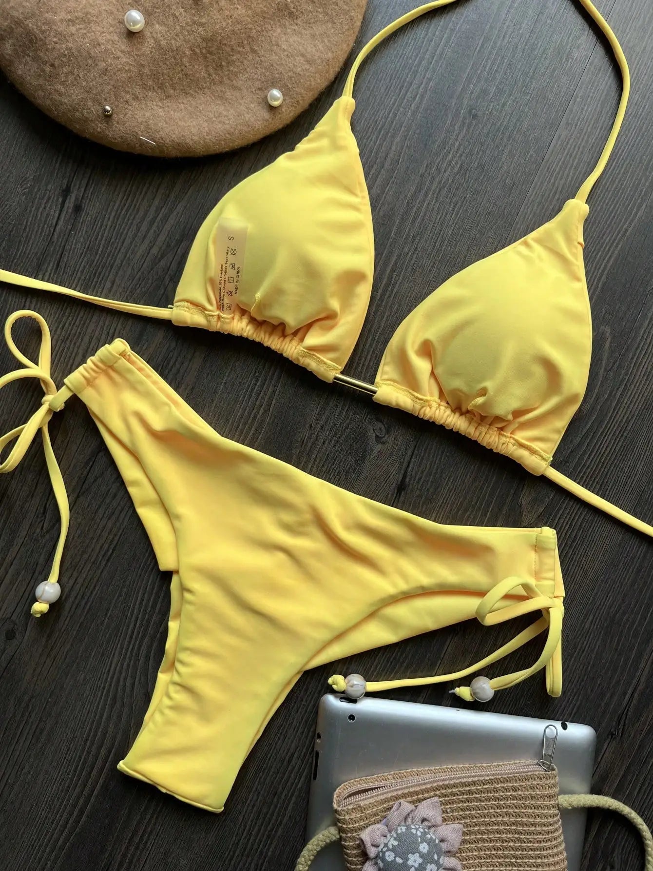 Solid Color Bikini Swimsuit Hanging Neck Rope Split Swimsuit 2-piece Beachwear Suit