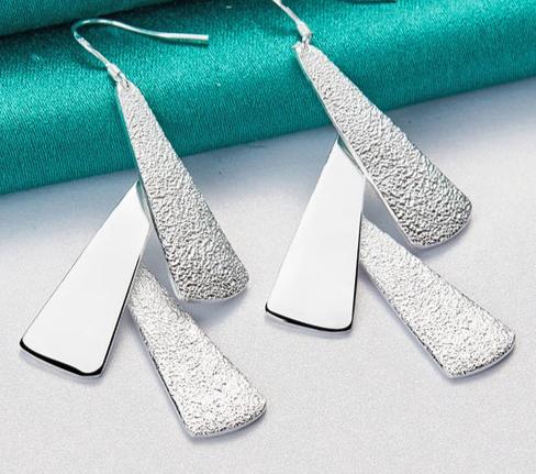 Women 925 Sterling Silver Frosted Long Geometric Charm Fashion Wedding Engagement Drop Earrings