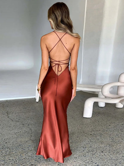 Women Satin Backless Maxi Spaghetti Strap Sleeveless Bodycon Long Dress f