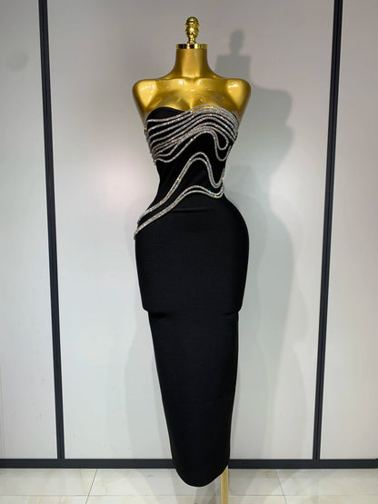 Women Sexy Strapless Diamond Lines Bandage Long Celebrity Red Carpet Evening Birthday Party Dress