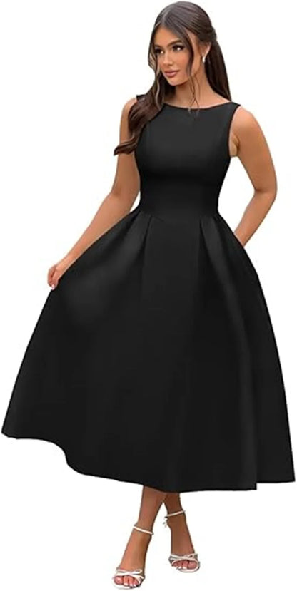 Simple Elegant O-Neck Satin Midi Prom Tea Length Backless A Line Formal Evening Party Bridal Dress w/ Pockets