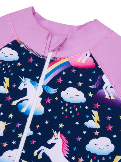 Kids Girls One-Piece Long Raglan Sleeve Animal Horse Print Rash Guard Boyleg Shorts Swimwear