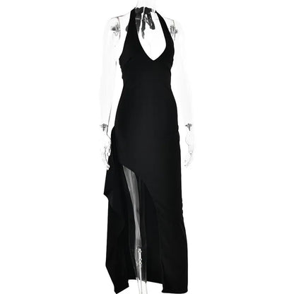 Women Deep V Neck Thigh High Split Maxi Halter Sleeveless Backless Bodycon Party Long Dress