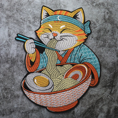 Japanese Cartoon Noodle-Eating Cloak Cat Embroidered Patches Iron on Badges Twill Craft Sticker Clothes