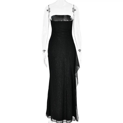 Women Sparkle Off-shoulder Maxi Strapless Backless Sleeveless Thigh High Slit Evening Long Dress