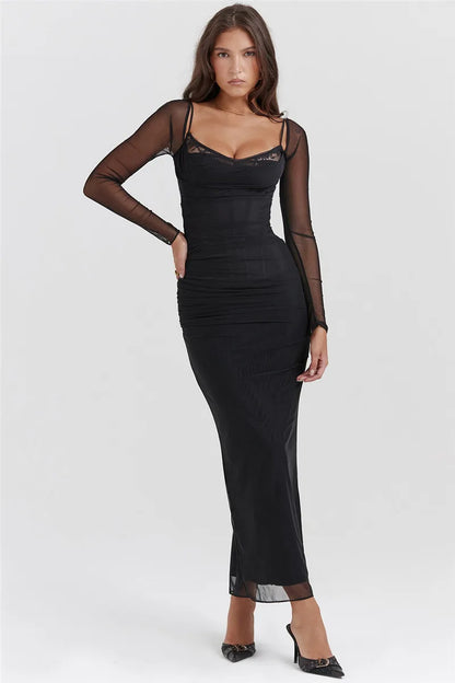 Elegant Sheer Long Sleeve Sexy Maxi Fashion Mesh Strapless Backless Club Party Dress