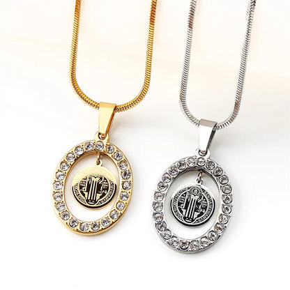 Women Men Catholic Saint Benedict Snake Stainless Steel Rhinestone Gold Color Medal Chain Necklace