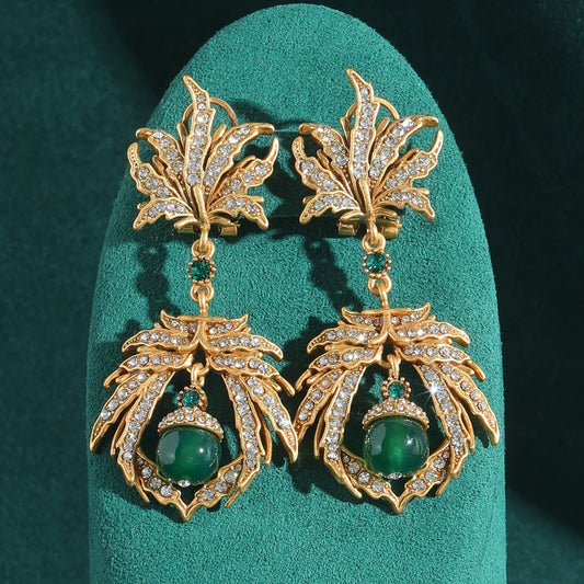 Vintage Rhinestones Leaf Statement Large Green Stone Drop Gold Color Antique Earrings