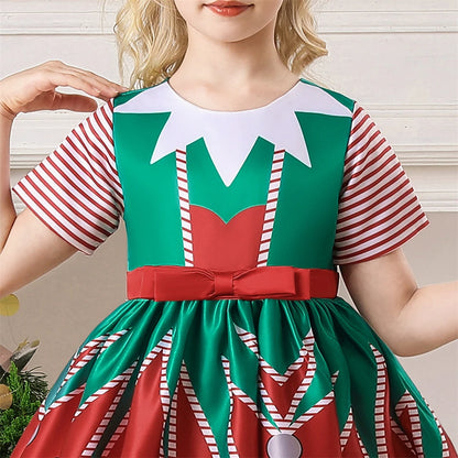 Girls Kids New Year Party Santa Claus Snowman Print Cosplay Costume Xmas Princess Theme Party Dress