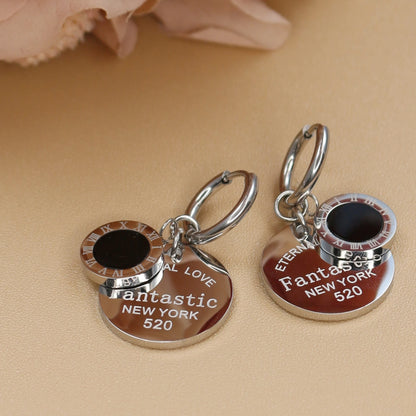 Roman Numeral Medallion Design FOREVER LOVE Stainless Steel Earrings Gift