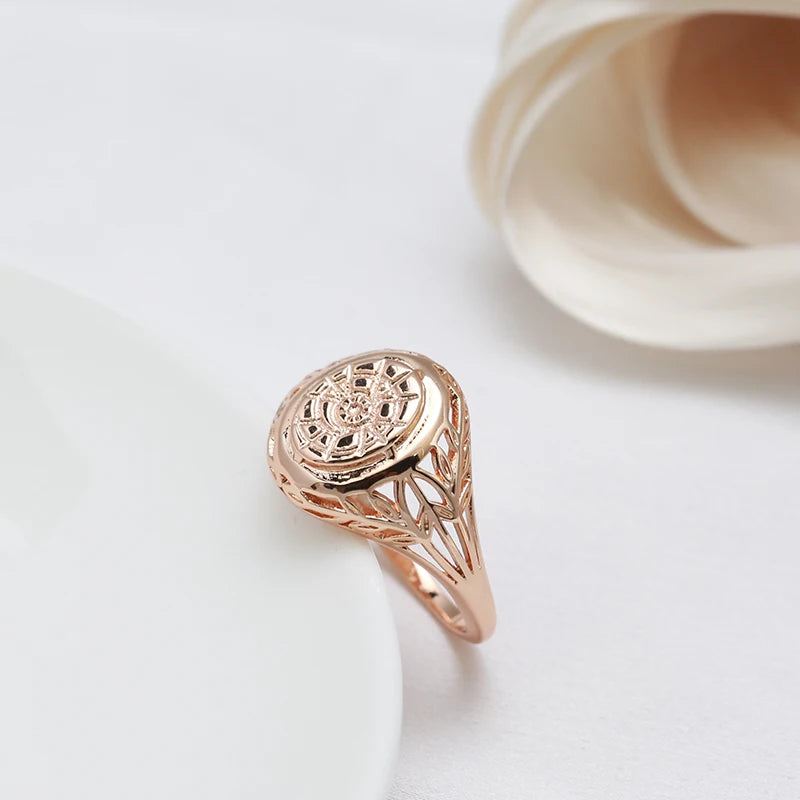 Women Trendy 585 Rose Gold Signet Glossy Hollow Carve Wave Ethnic Engraved Rings