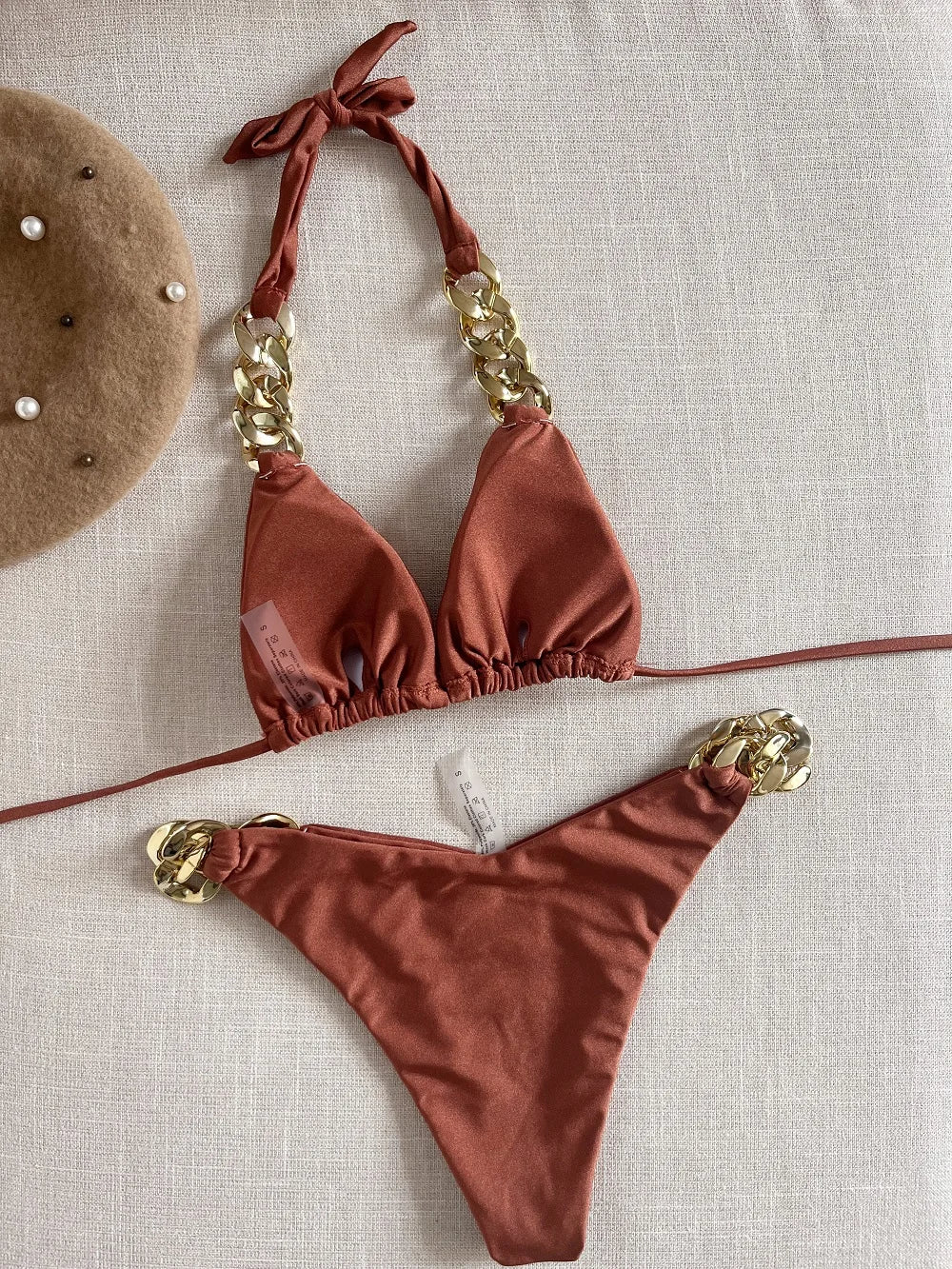 Sexy Triangle Solid Color Chain Decor Split Bikini Beachwear Brazilian Swimwear Bathing Suit