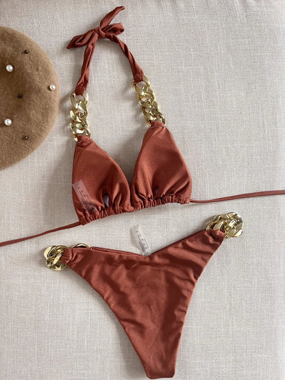 Sexy Triangle Solid Color Chain Decor Split Bikini Beachwear Brazilian Swimwear Bathing Suit