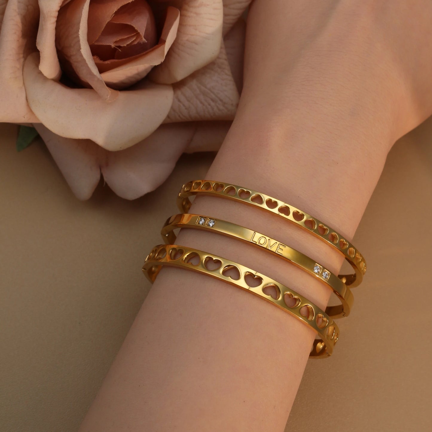 18K Gold-Plated LOVE Stainless Steel Zircon Openwork Bangle Bracelet Women's Jewelry