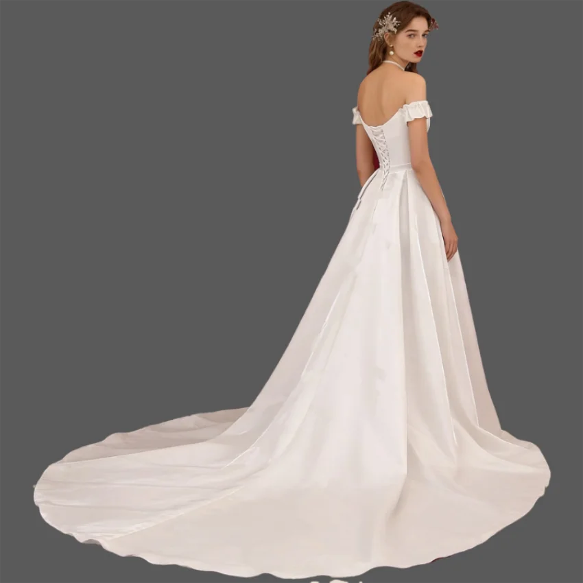 Elegant White Long Off The Shoulder Satin A-line Slit Bridal Gown Lace Up Wedding Dress