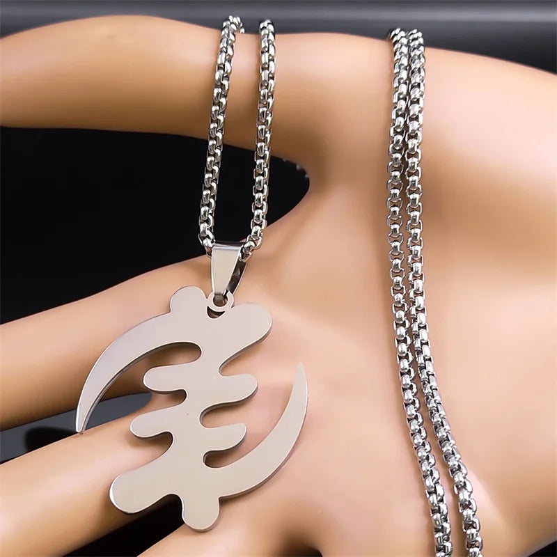 Women Men Stainless Steel Silver Color Ethnic Adinkra Gye Nyame Ghana African Chain Necklace