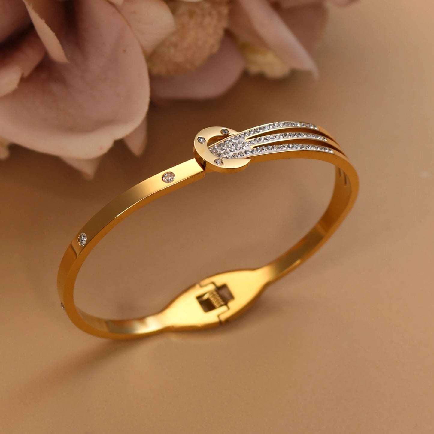 Women 18k Gold Plated Crystal Hollow Open Stainless Steel Bracelet